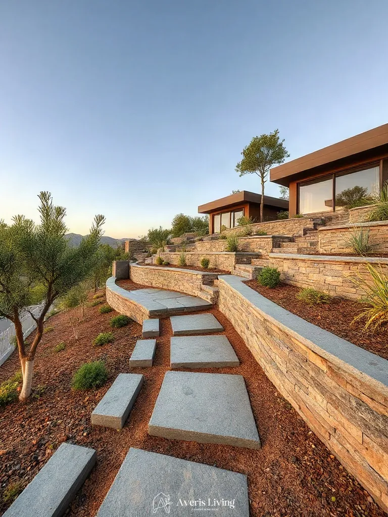 Terraced backyard utilizing modern stepping stones to navigate sloping terrain