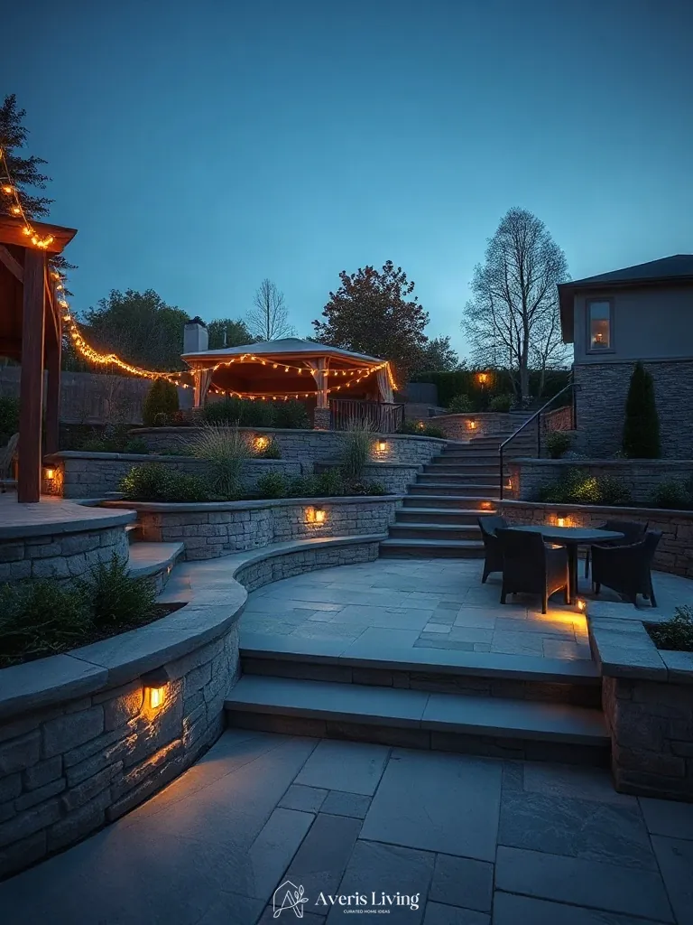 Multi-level stone terrace anchored by hardscaping and overhead string lights