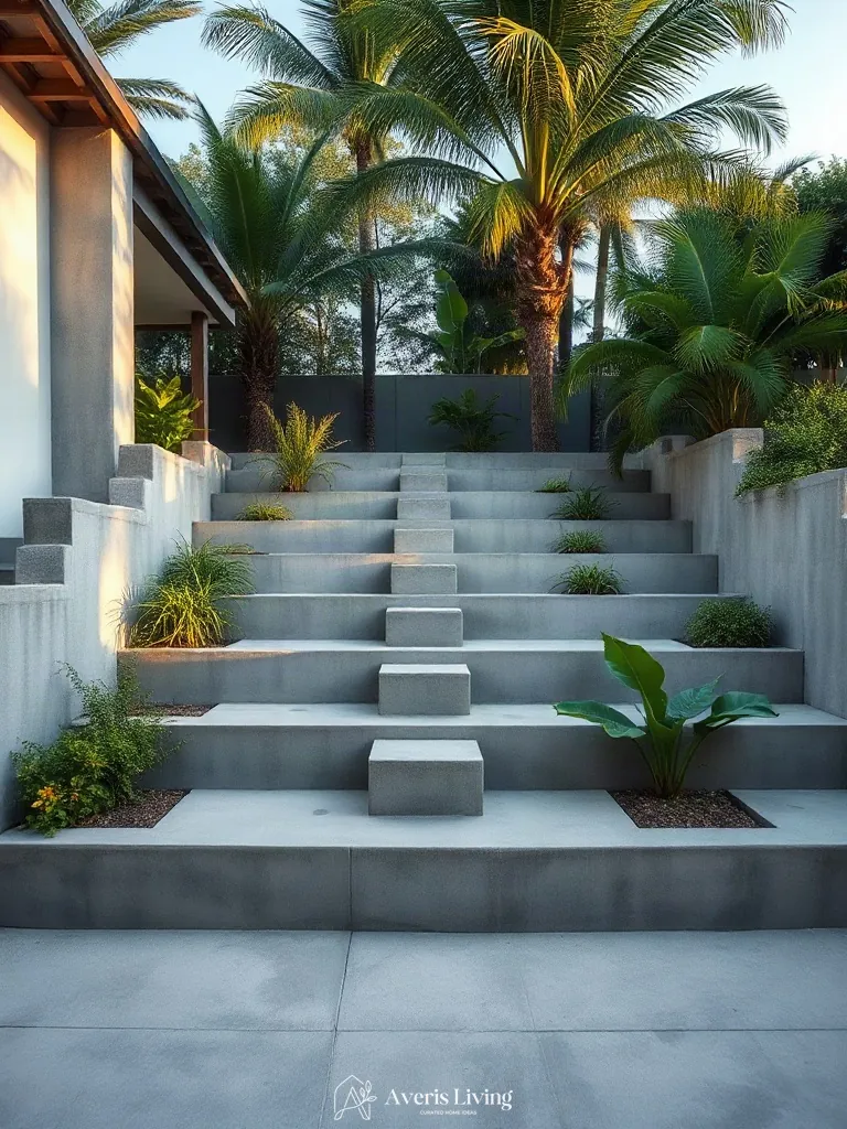 Multi-level terrain grading with tropical backyard stepping stones