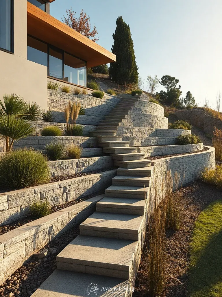 Multi-level modern backyard stepping stones design navigating a sloped modern landscape