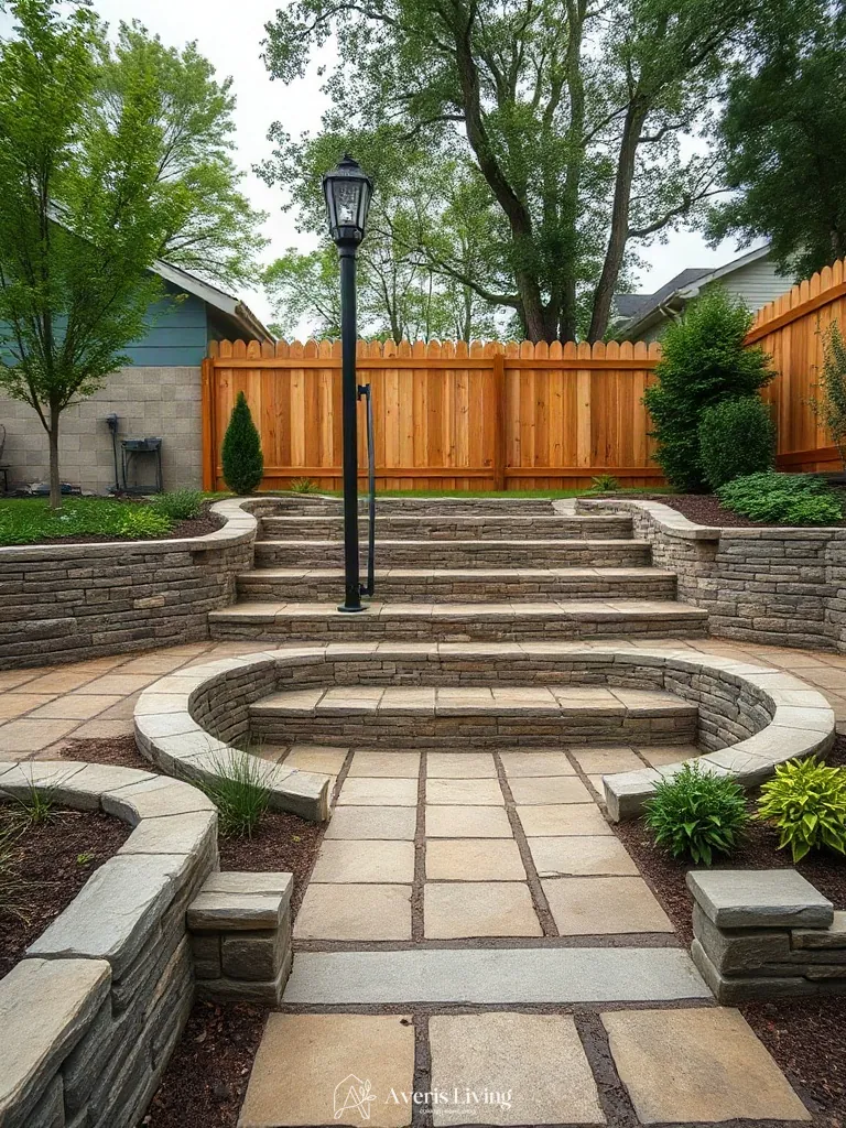 Multi-level backyard grading with rustic fence layout