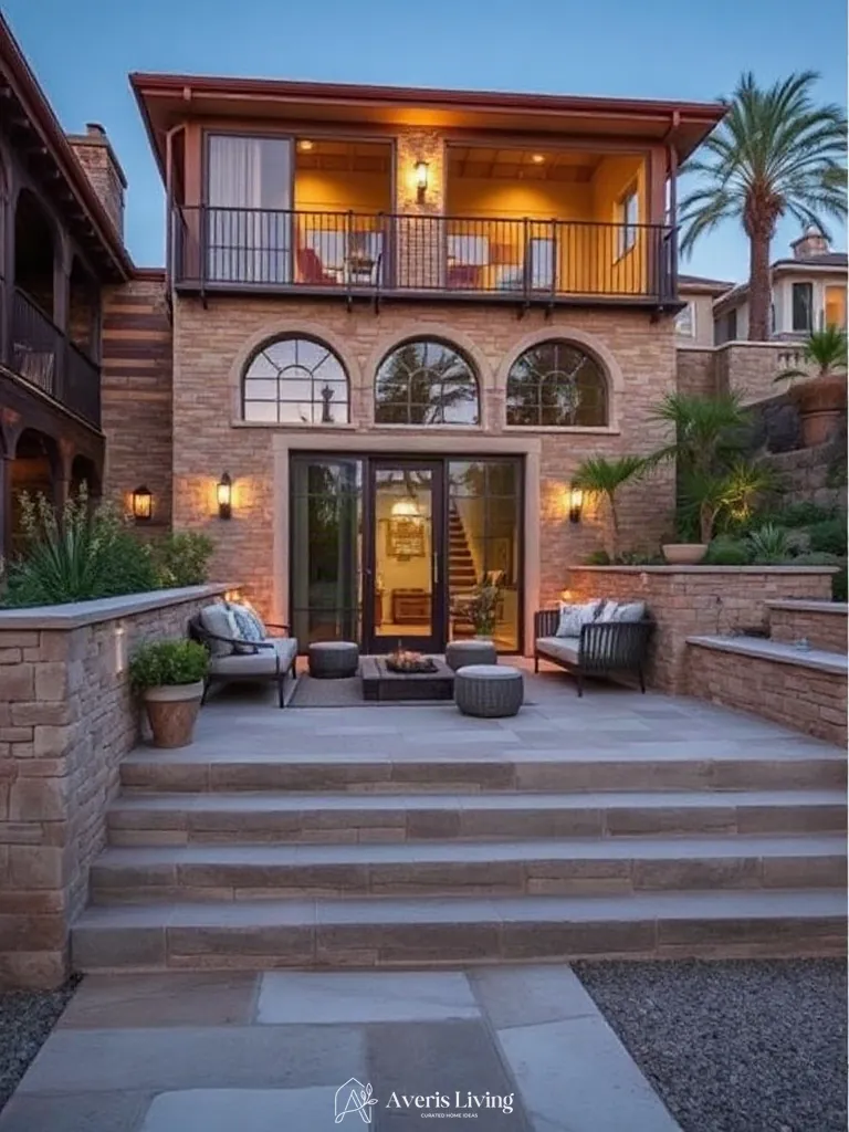 Multi-level patio terrace featuring boho patio seating ideas anchored by stone hardscaping.