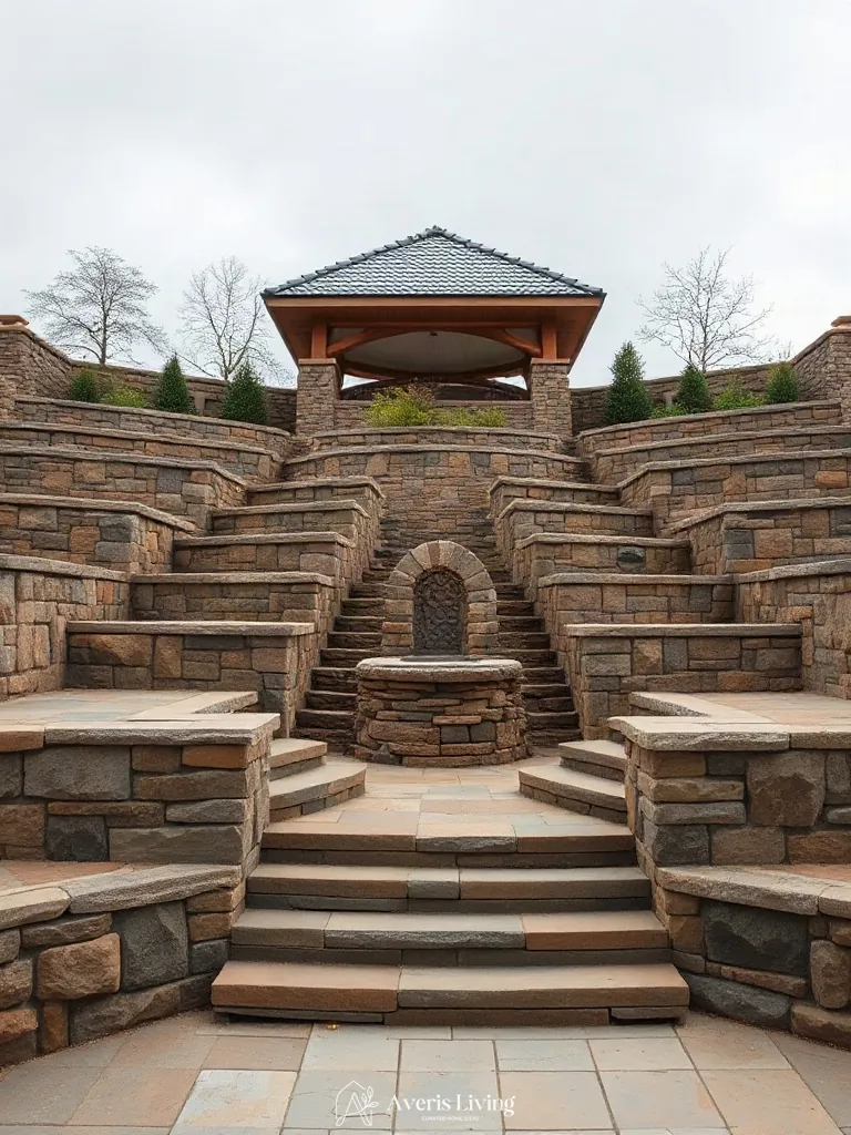 Multi-level terrain grading anchored by an aesthetic backyard gazebo design