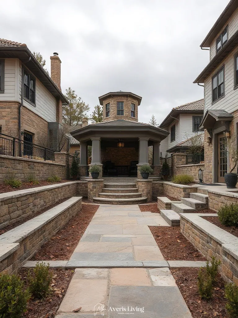 Multi-level backyard terrain anchored by hardscaping and a gazebo
