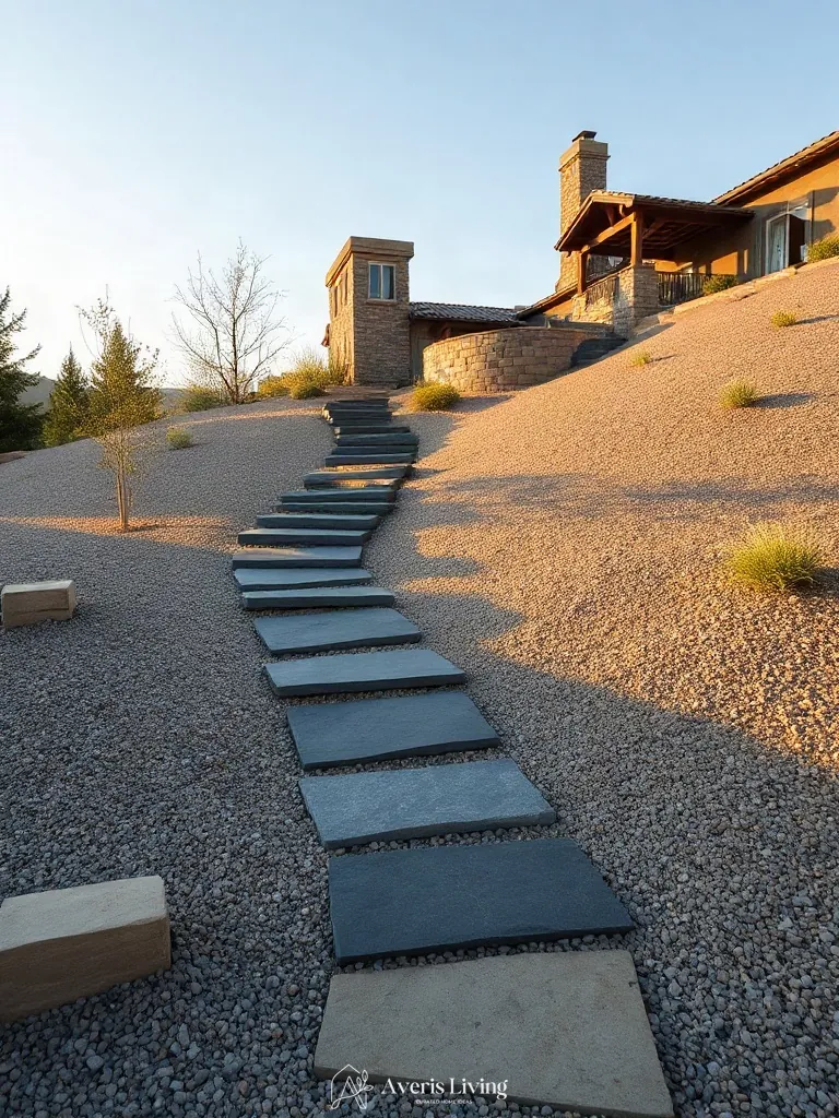 Multi-level backyard terrain anchored with slate stepping stones