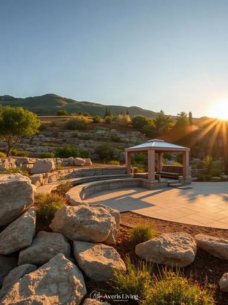 Multi-level terrain grading and retaining walls framing a backyard gazebo