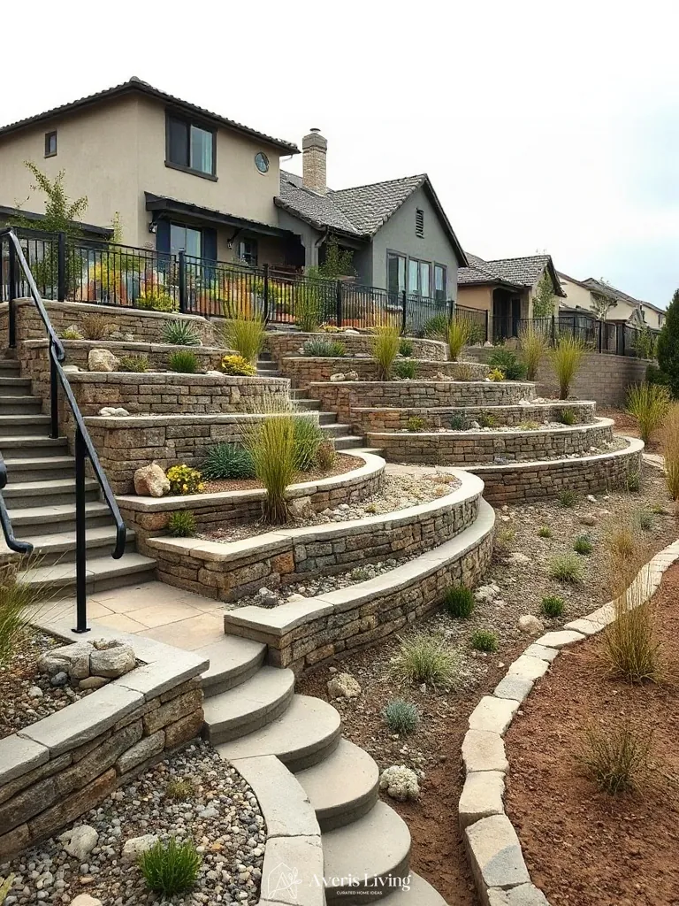 Terraced terrain grading featuring a drought tolerant backyard retaining wall makeover
