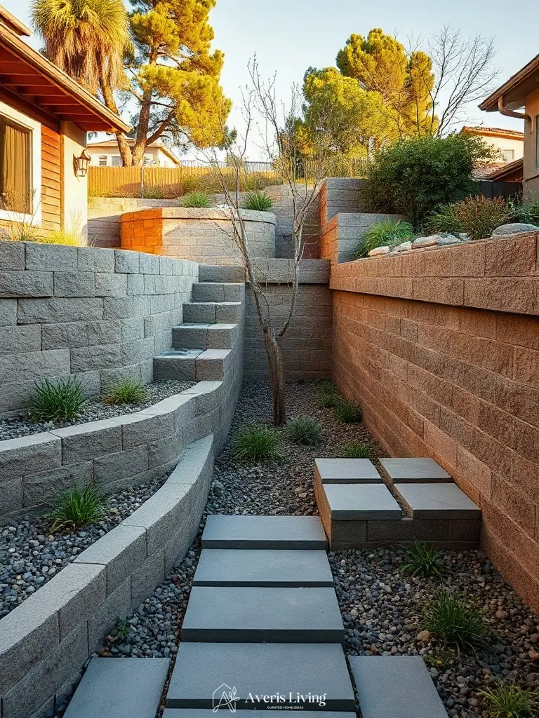 Multi-level backyard terrain anchored by stone pathways