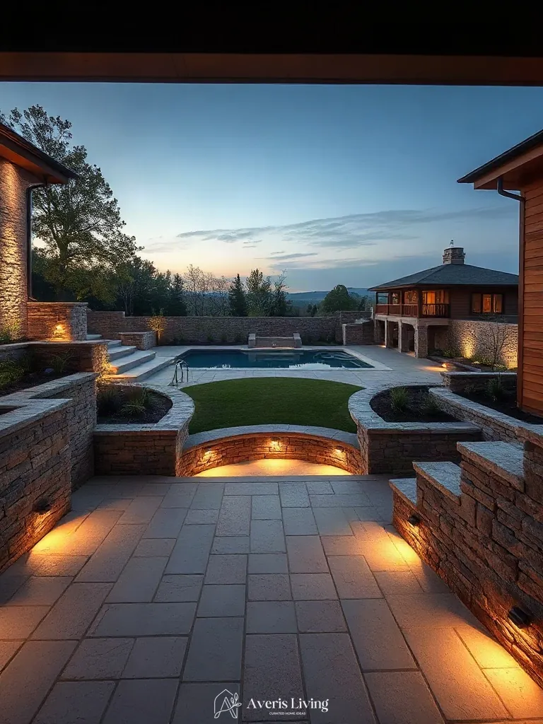 Multi-level terrain grading with stone steps framing a luxury backyard shed transformation viewed from above