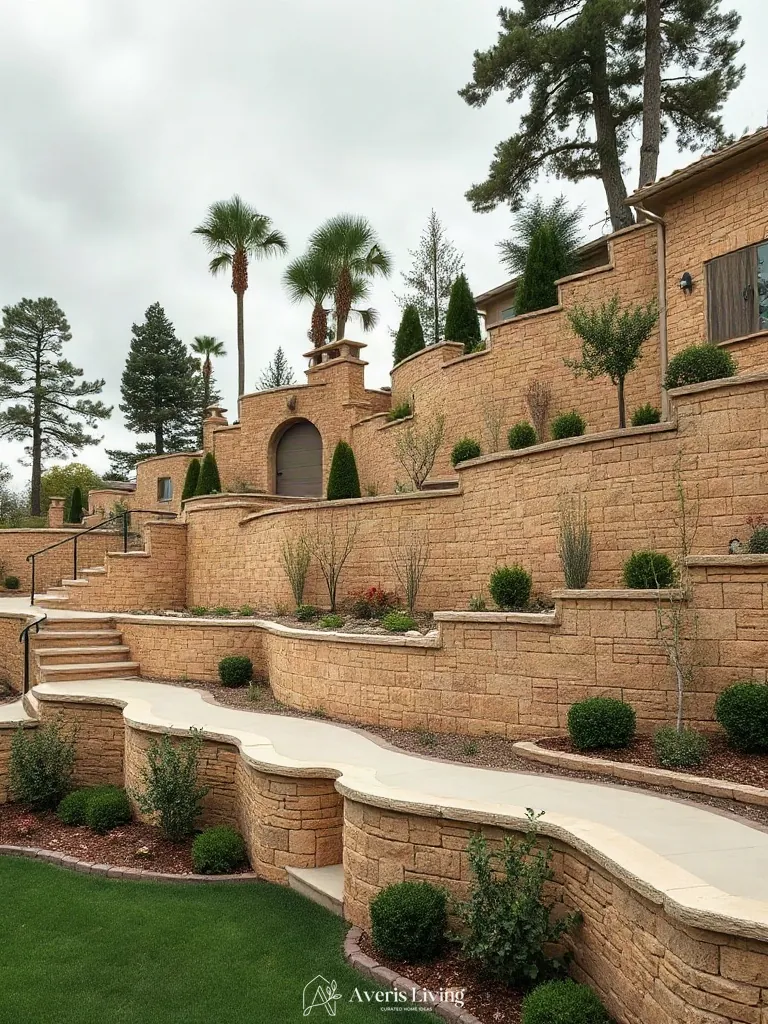 Multi-level terrain grading with stone retaining wall
