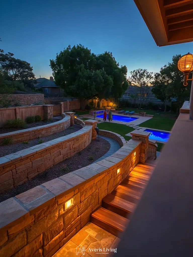 Multi-level terrain grading with stone steps and sunken terraces in boho backyard privacy fence makeover
