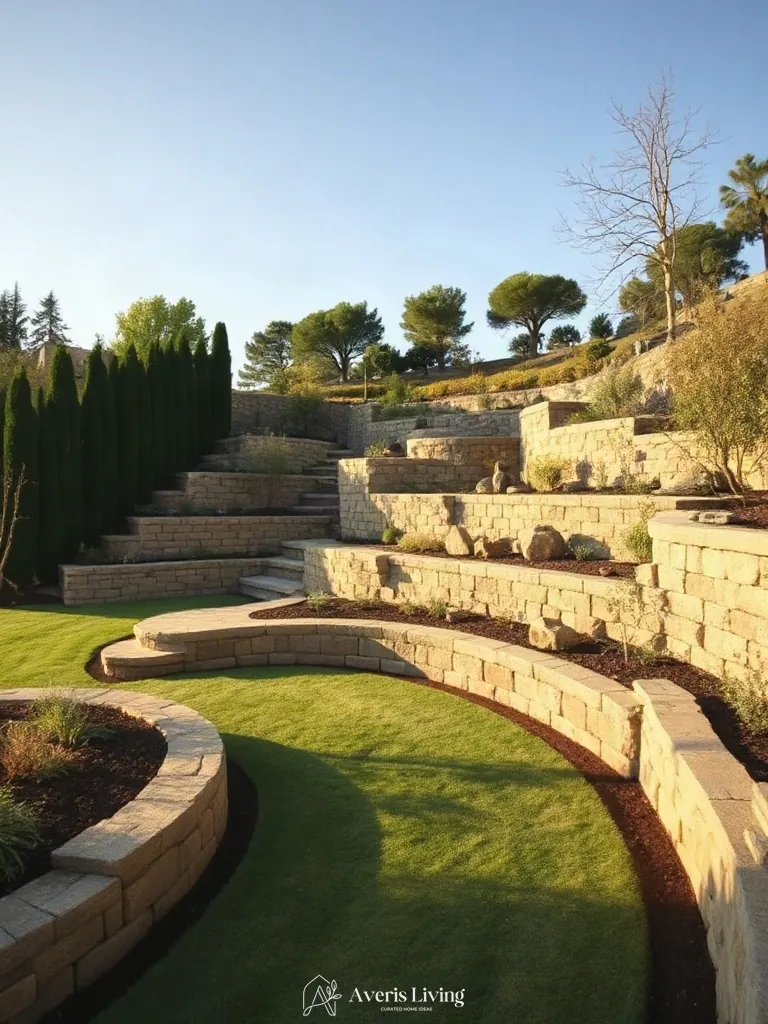 Multi-level terrain grading with retaining walls