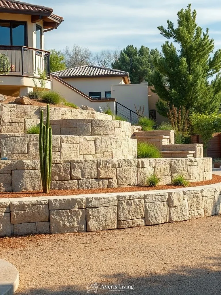 Multi-level terrain grading with hardscaping for a dry backyard