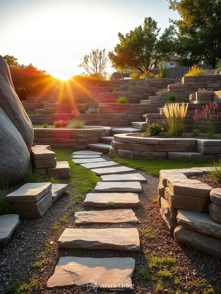 Multi-level terrain grading featuring shade backyard stepping stones before and after