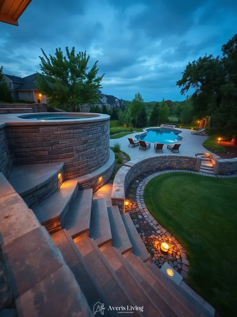 Multi-level terrain grading with stone steps and sunken lounging terraces