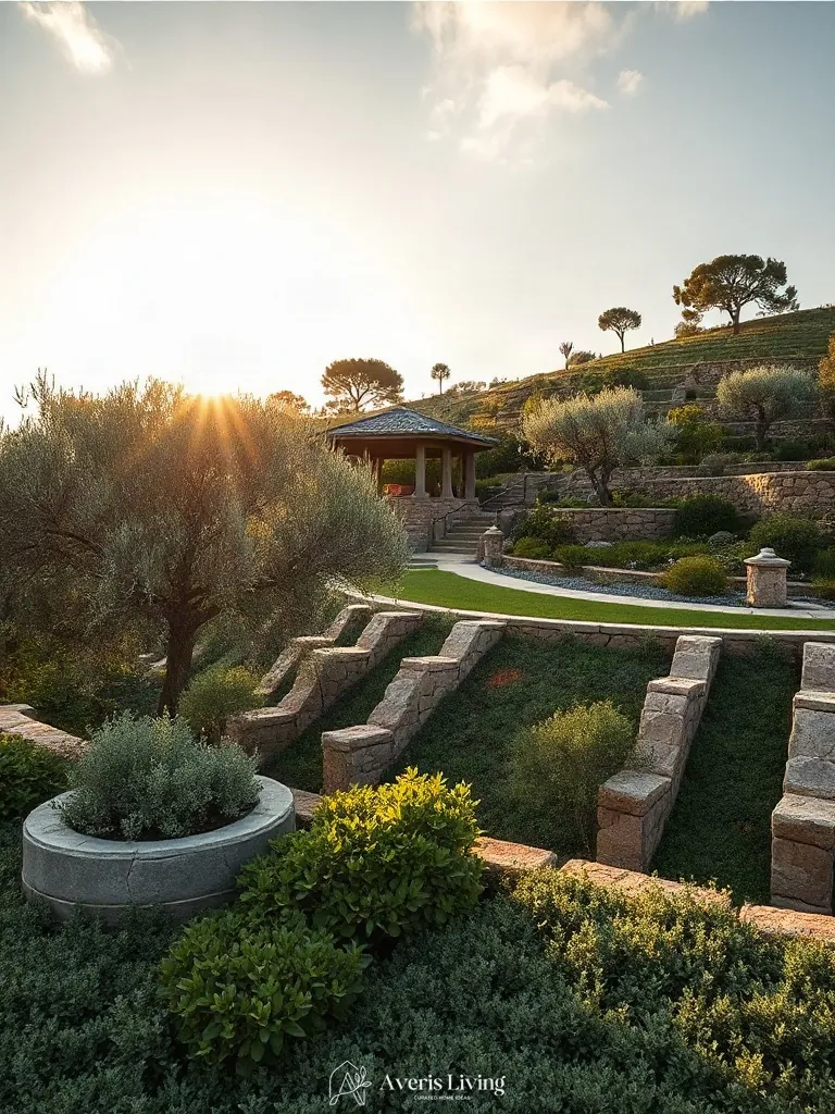 Multi-tiered landscaping with olive trees and groundcover framing a backyard gazebo