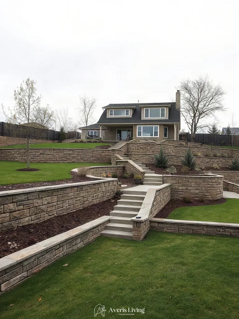 Multi-level backyard terrain grading incorporating dog friendly architectural elements