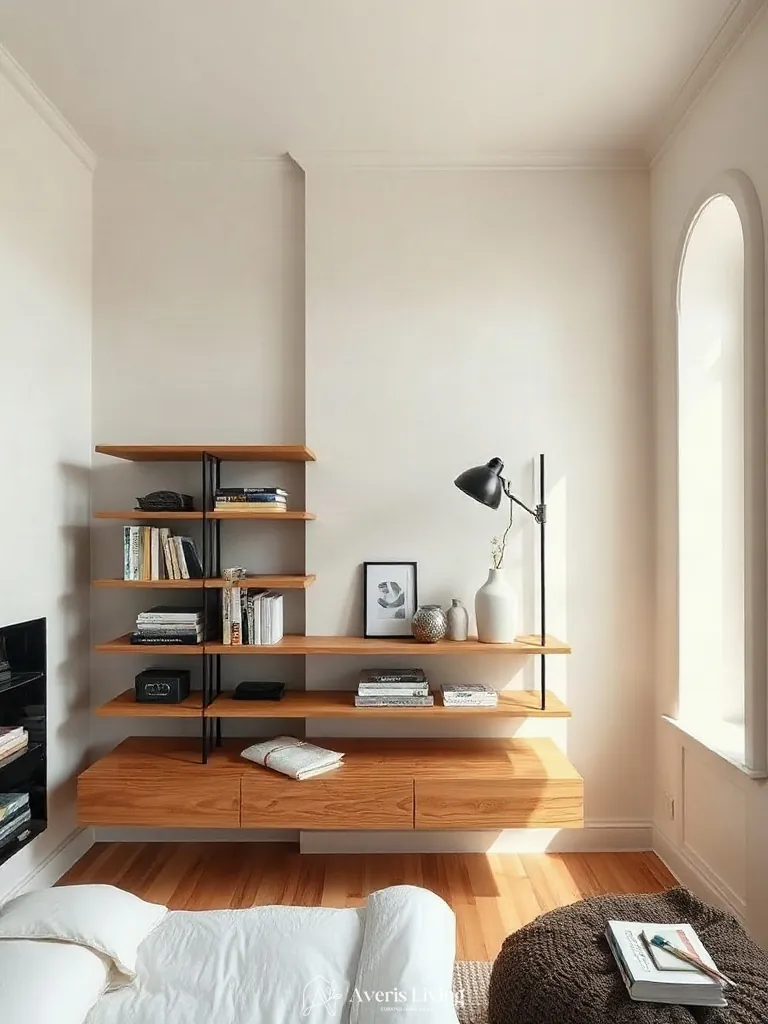 Multi-tiered floating bedside shelving system in a small modern bedroom