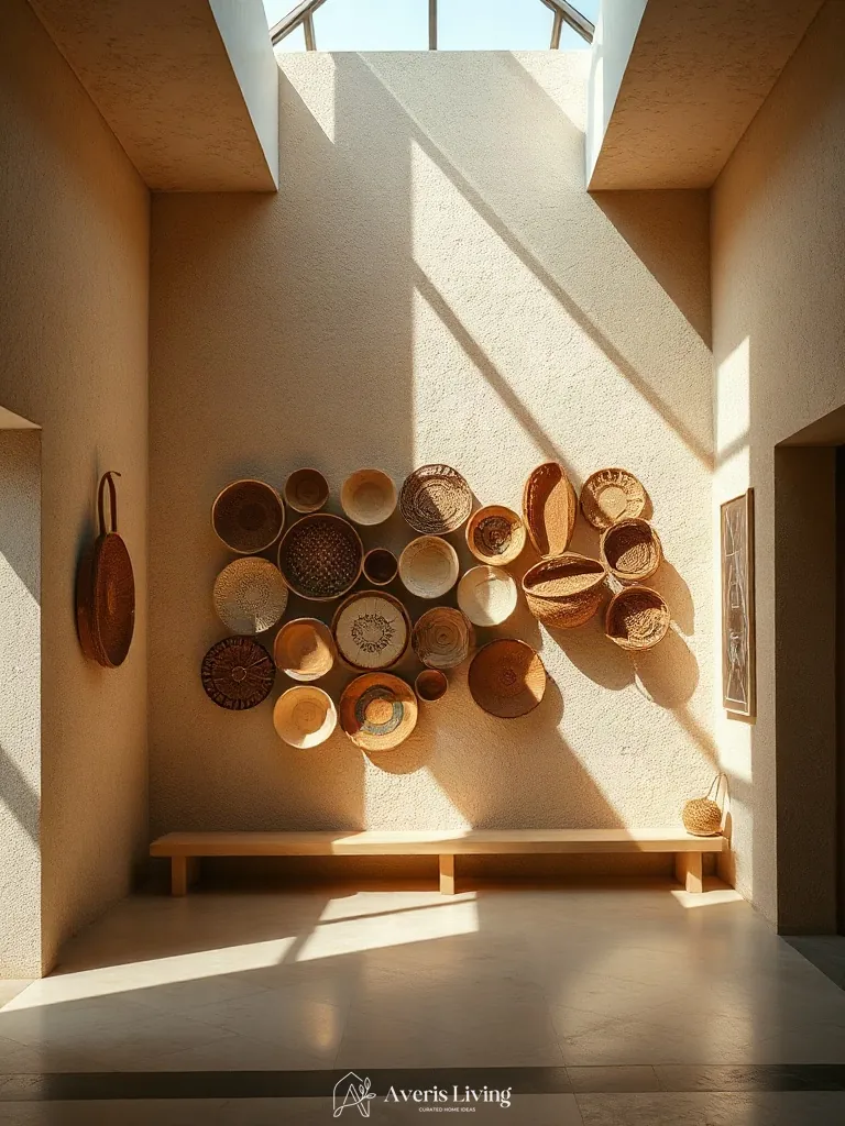 Natural daylight raking across an interior woven basket wall display.