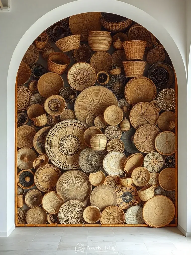 Close-up detail of natural fibers within a woven basket wall display.