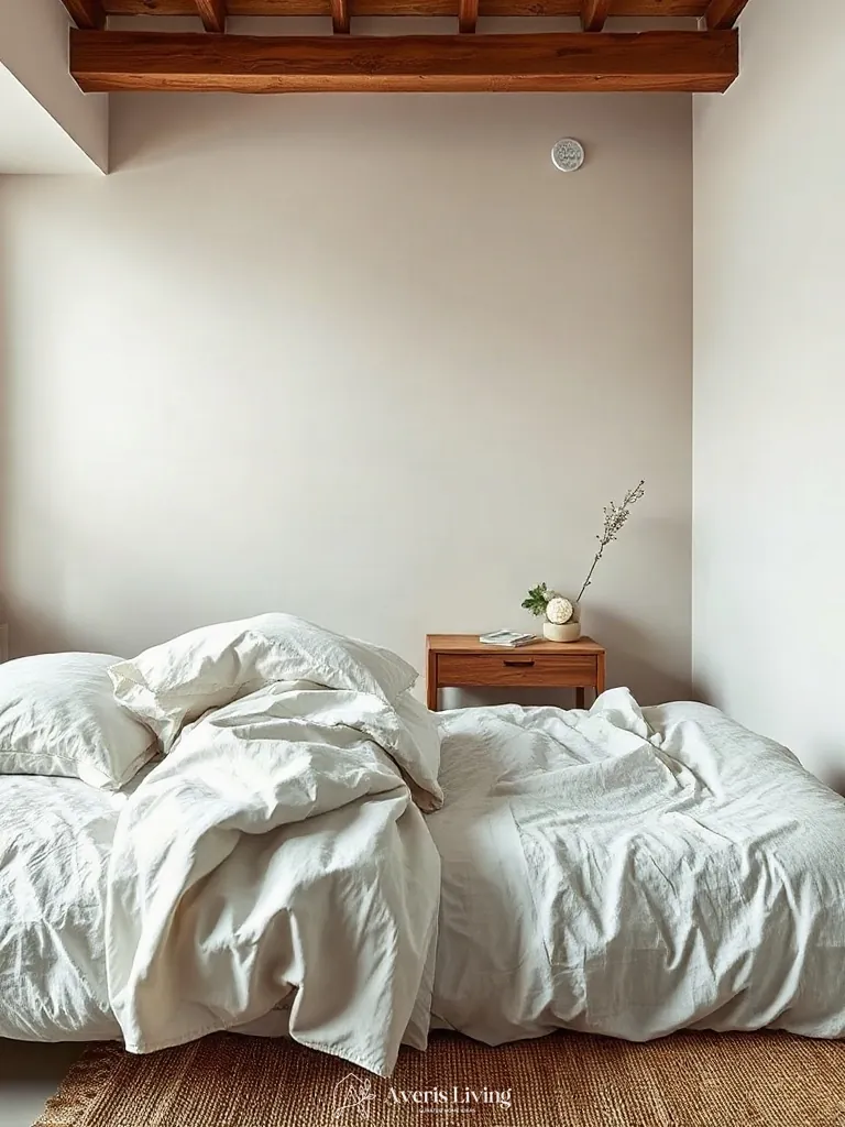 Washed linen textiles paired with minimalist floating nightstands in small bedroom