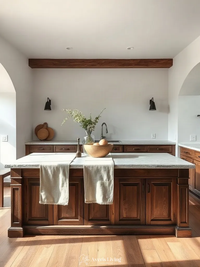Natural linen textiles styled across a rustic wood kitchen island.