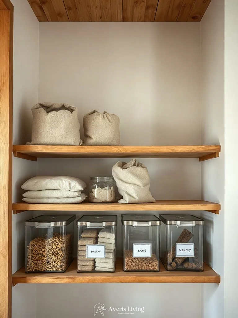 Natural linen textiles paired with structured pantry organization bins and labels.