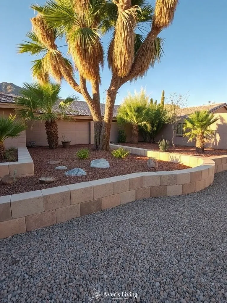 Natural stone material palette in a drought tolerant backyard retaining wall