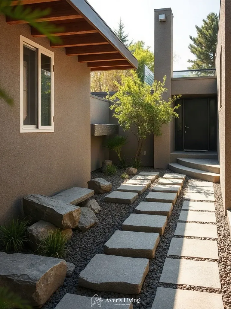 Natural stone materials in a modern backyard stepping stones makeover