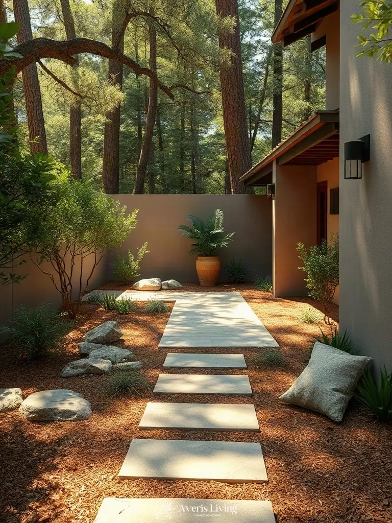 Earth-toned sandstone stepping stones blending with natural backyard surroundings
