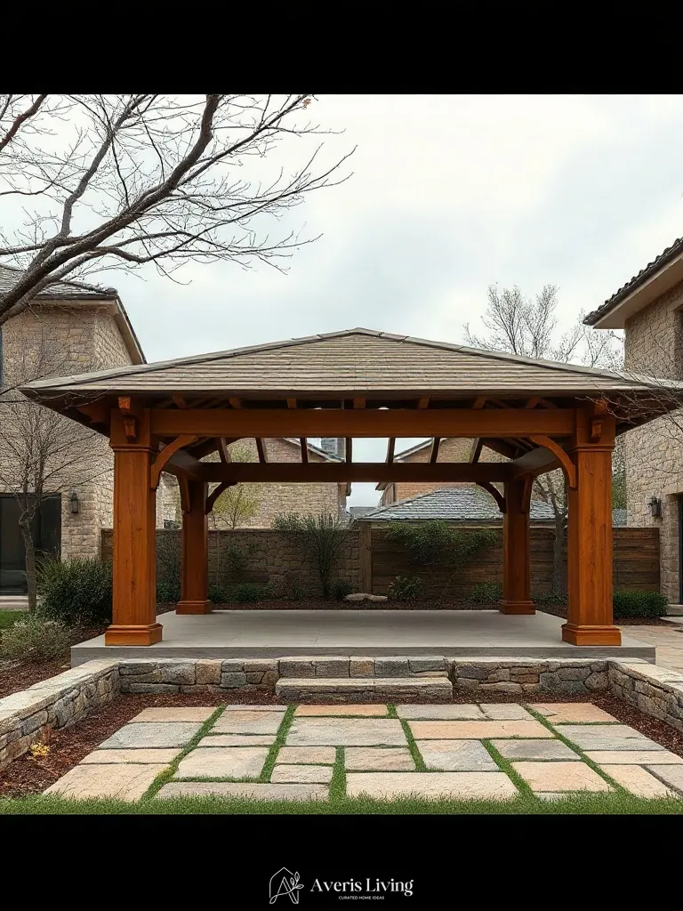 Natural material palette featured in an aesthetic backyard gazebo design