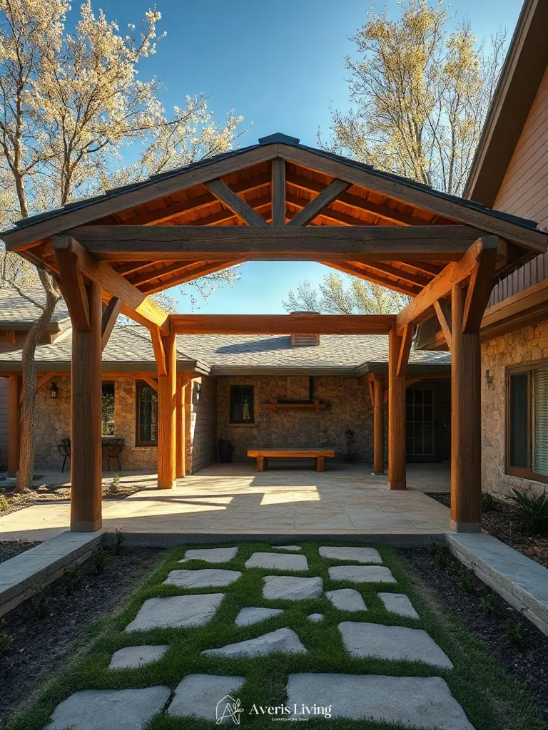 Natural timber and stone material palette for an outdoor gazebo