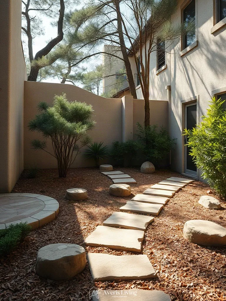 Natural sandstone stepping stones blending into the backyard
