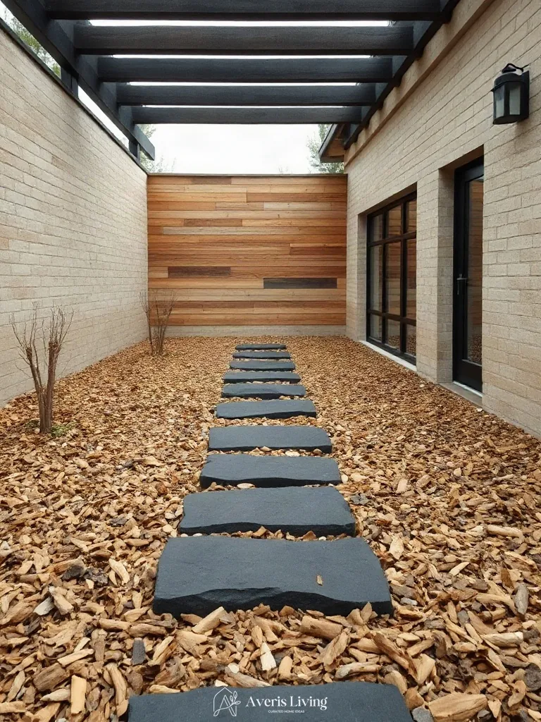 Natural slate stepping stones blending with organic wood mulch