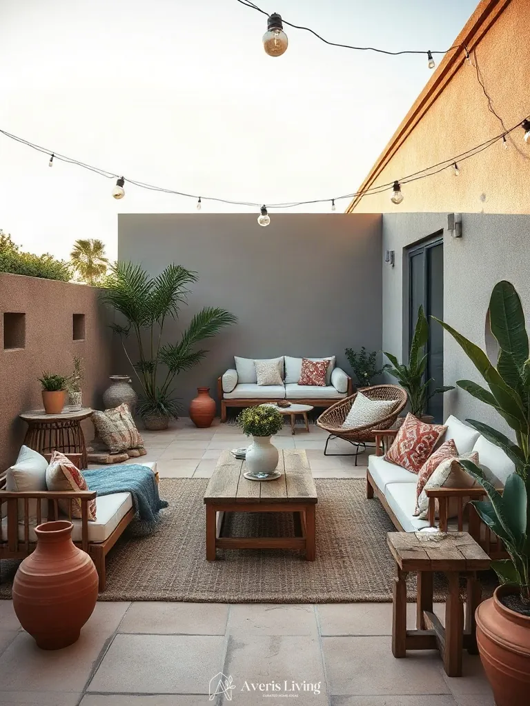 Earthy natural material palette blending boho patio seating ideas with the landscape.