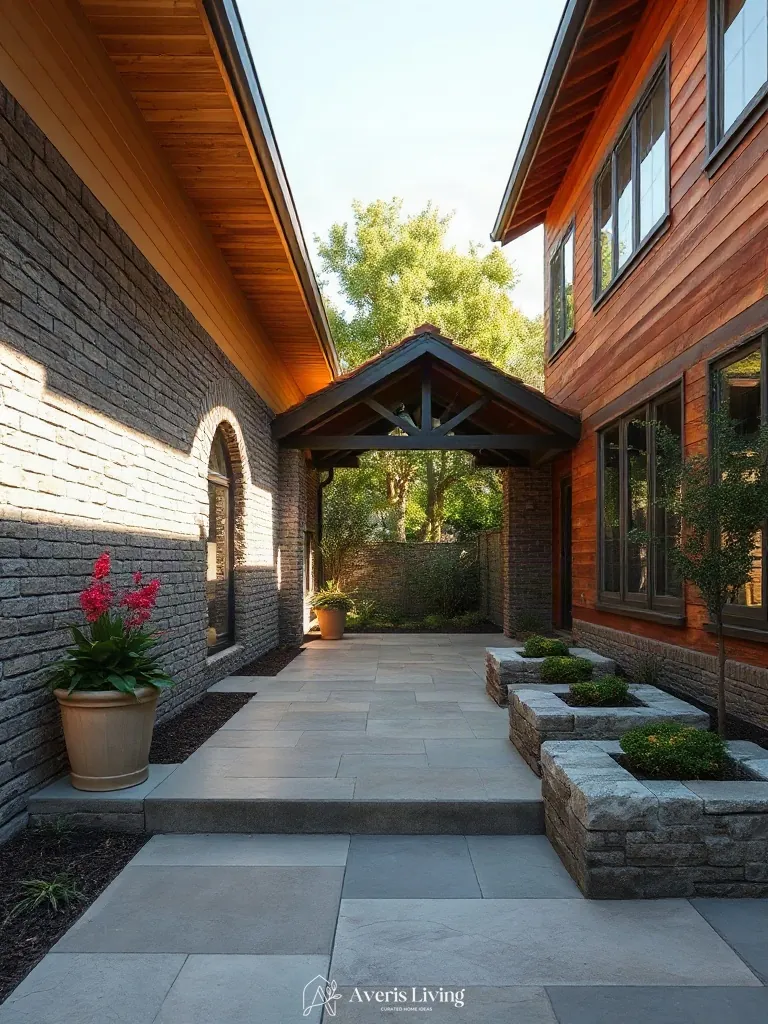 Natural stone and timber material palette for upscale exterior landscapes
