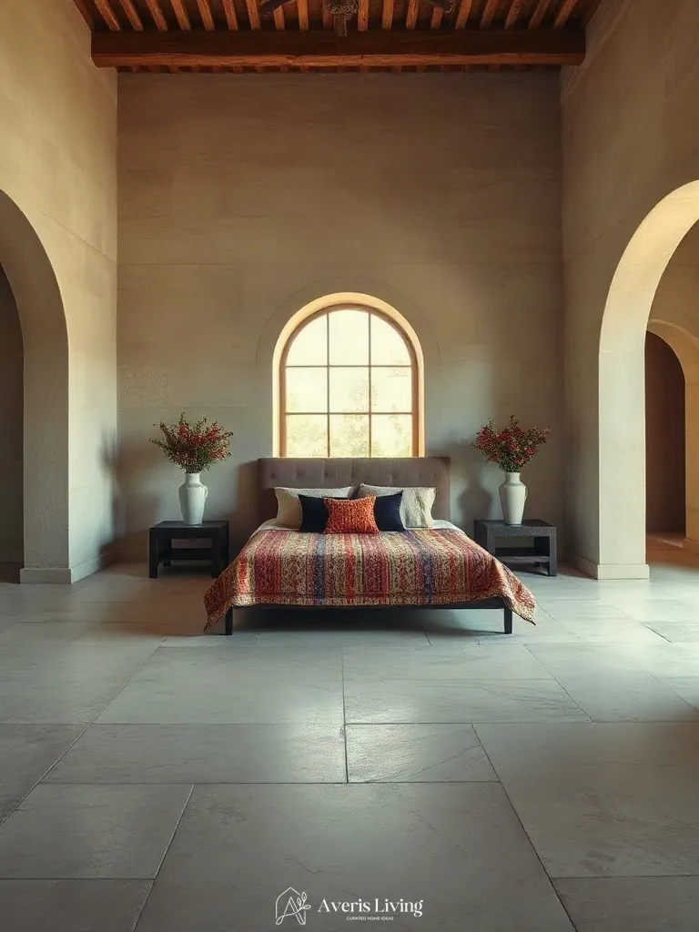 Limestone flooring contrasting with colorful bohemian bedding