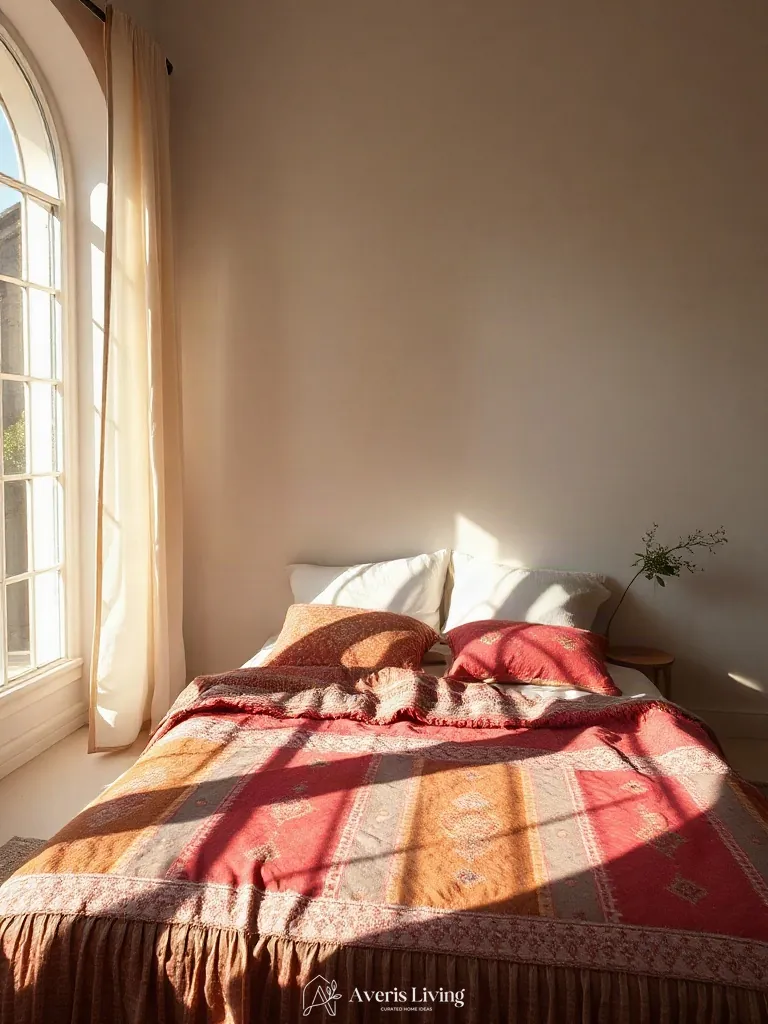 Natural sunlight and shadow play on colorful bohemian bedding