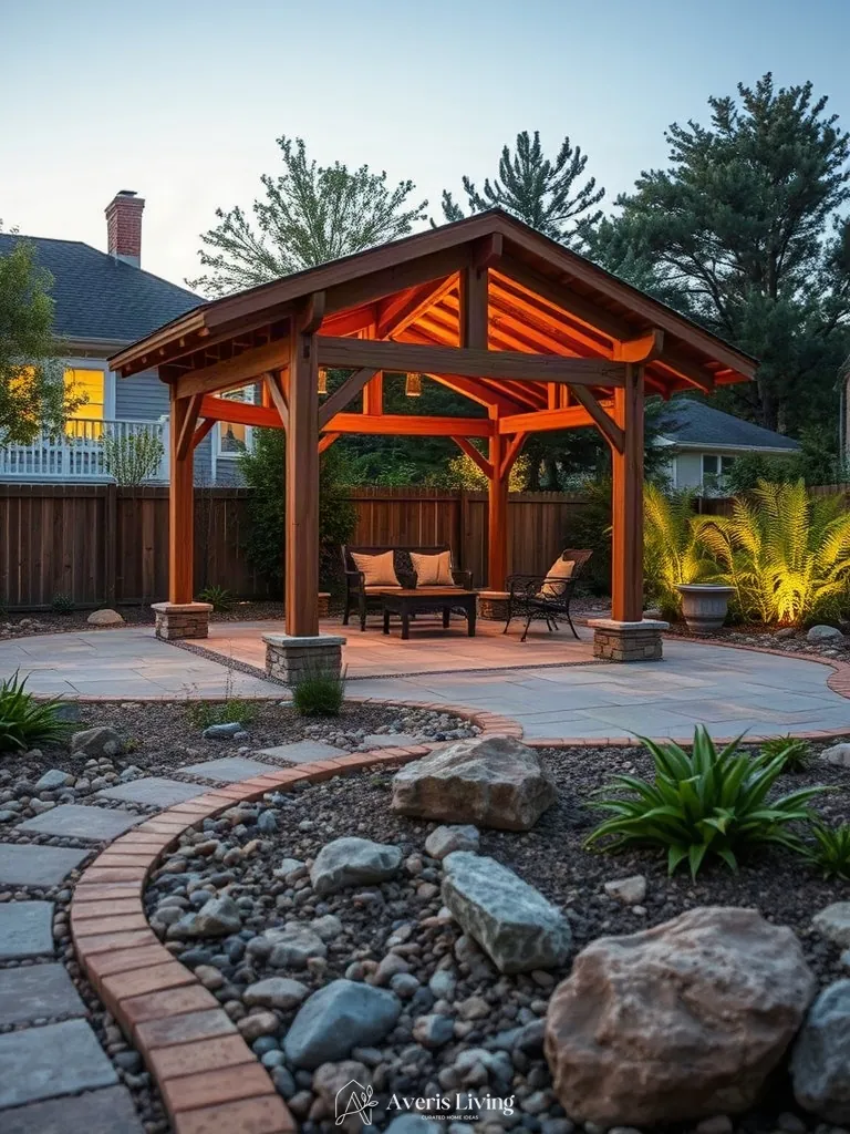 Natural warm material palette of cedar and limestone for a backyard gazebo