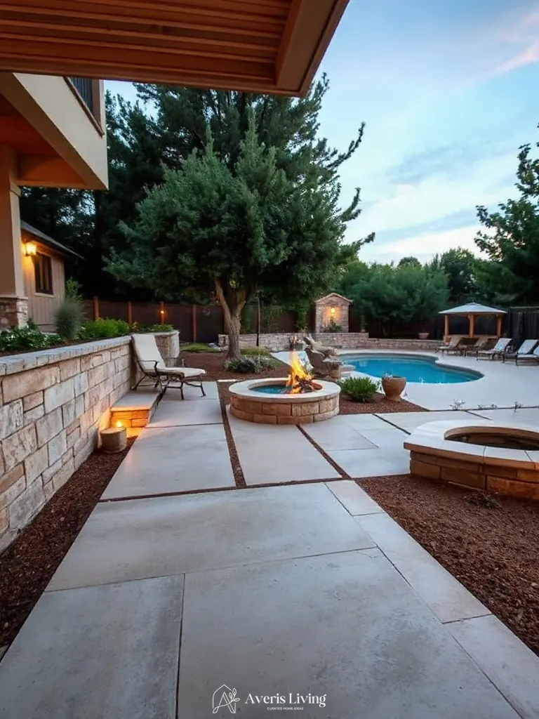 Natural warm material palette with limestone coping and outdoor fabric