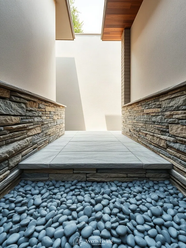 Neat gravel drainage swales and river pebble borders along a retaining wall
