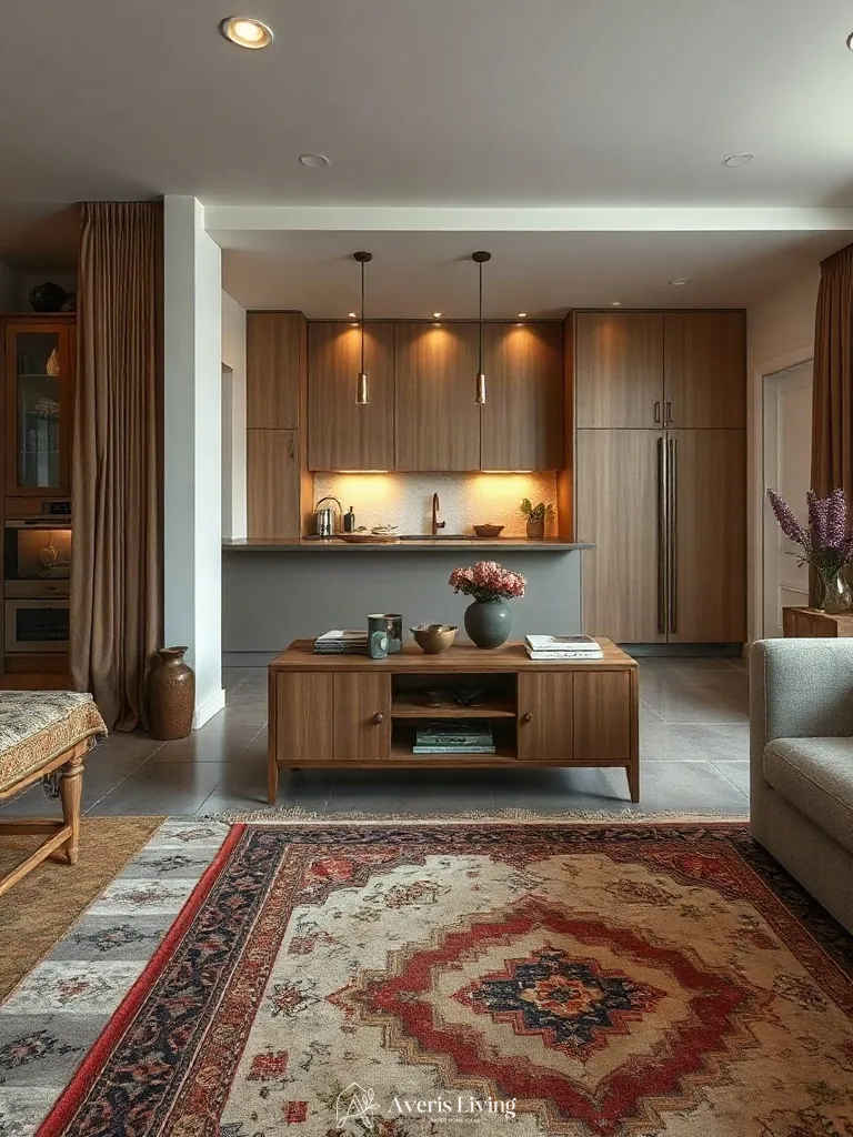 Open-plan transitional layout featuring integrated kitchen storage solutions