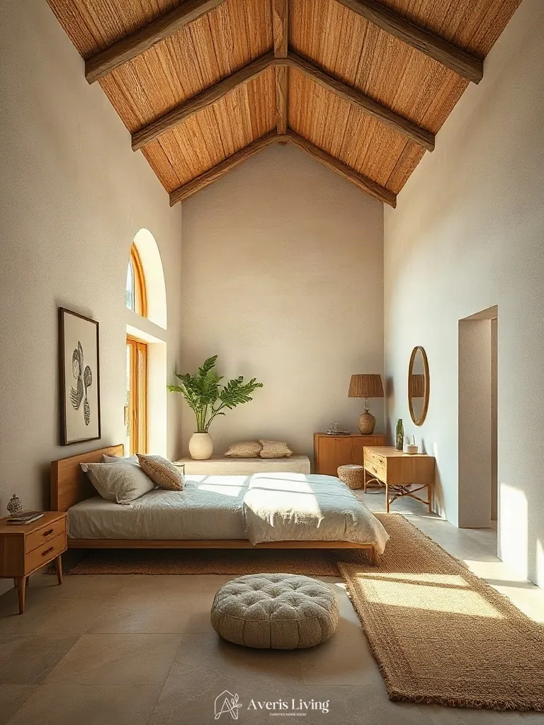 Circulation planning in an earthy boho bedroom aesthetic