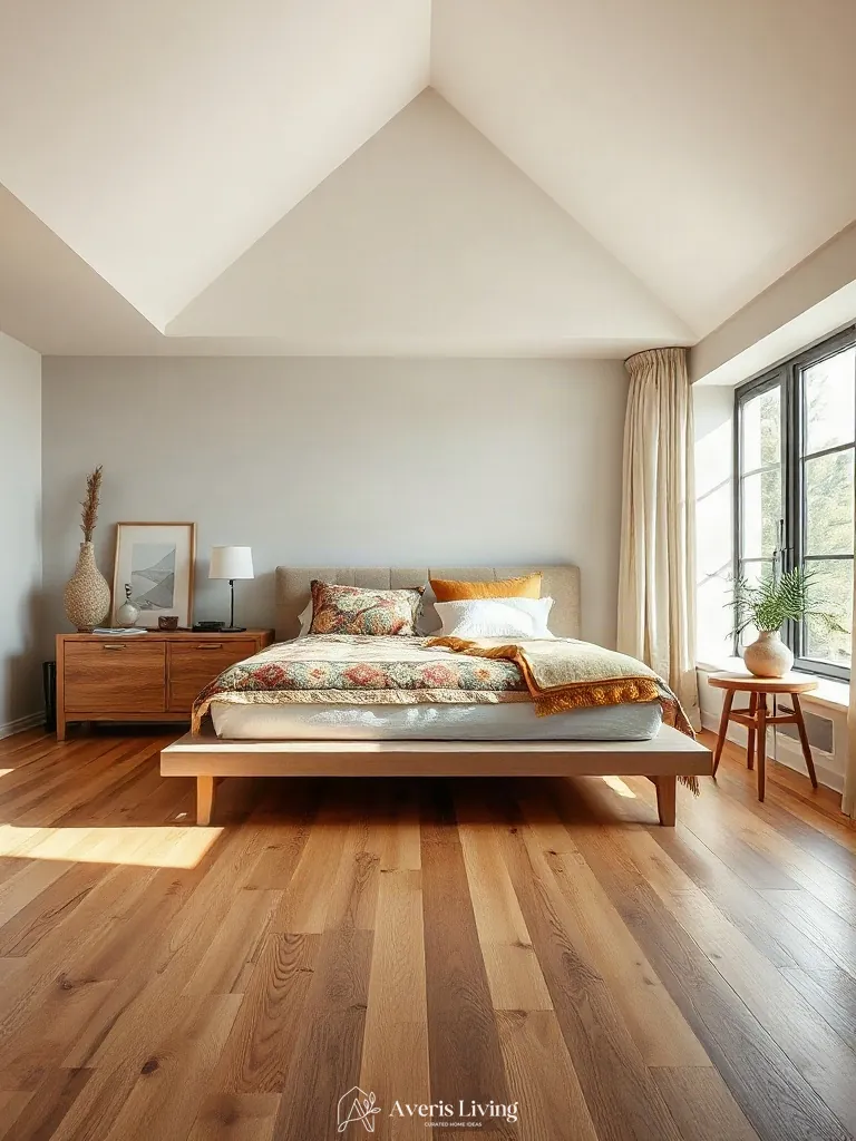 Elevated view of bedroom layout centered around colorful bohemian bedding