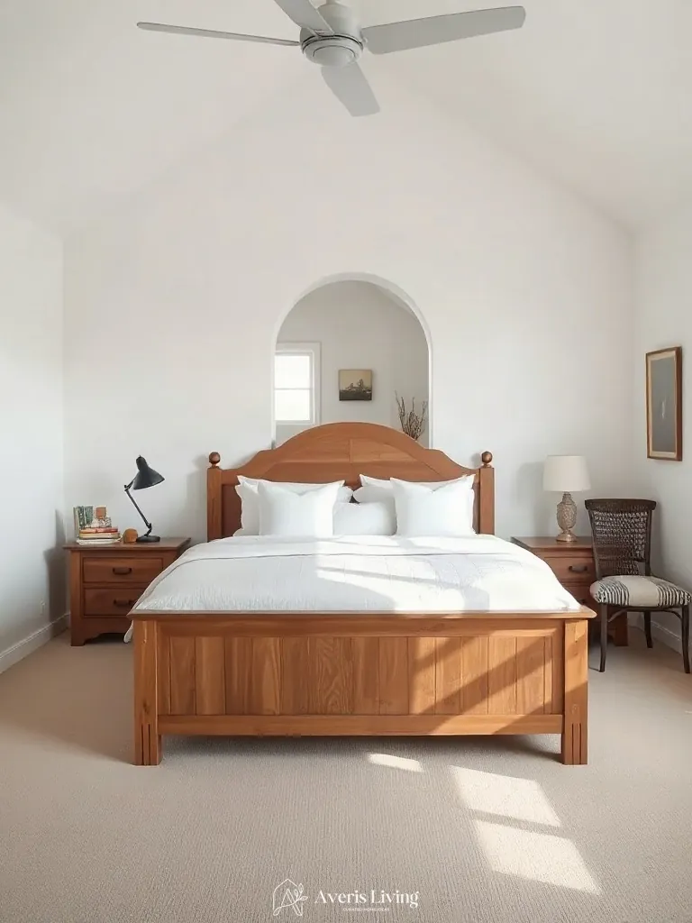 Bedroom furniture arrangement emphasizing organic circulation around neutral farmhouse bedding sets
