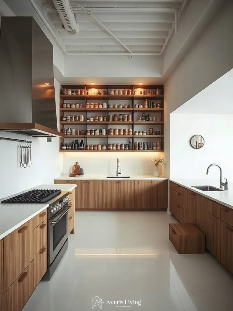Elevated view of a modern kitchen layout utilizing magnetic spice rack ideas for workflow