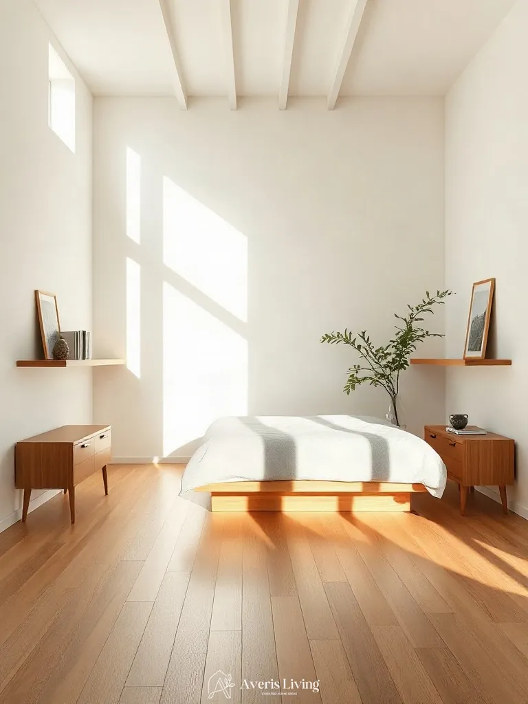 Elevated view of floating nightstand layout maximizing small bedroom floor space