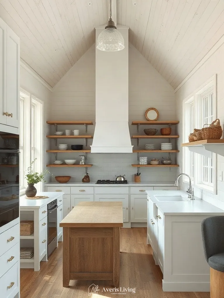 Spatial zoning and workflow in a modern open shelving farmhouse kitchen