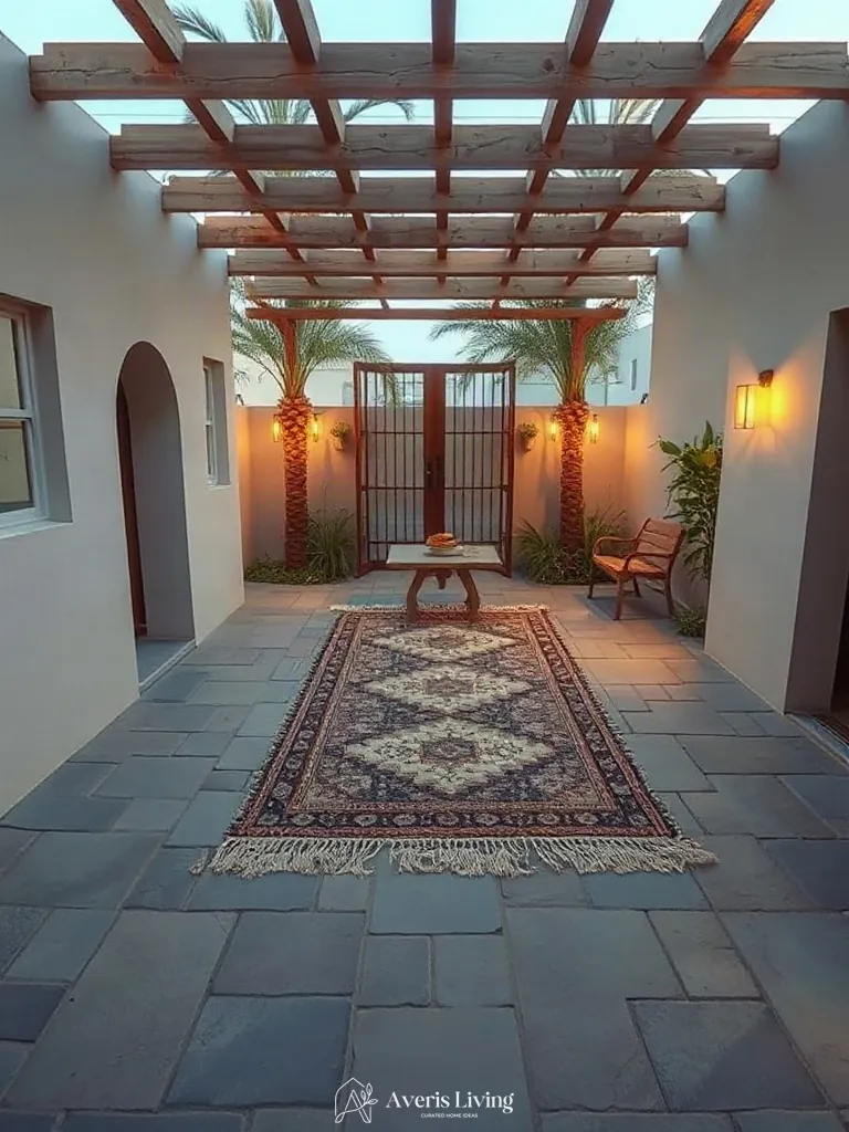 Circulation paths flowing around an outdoor rug boho style setup