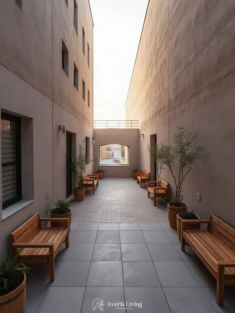 Traffic circulation layout on a bohemian balcony decor setup with slim teak furniture.